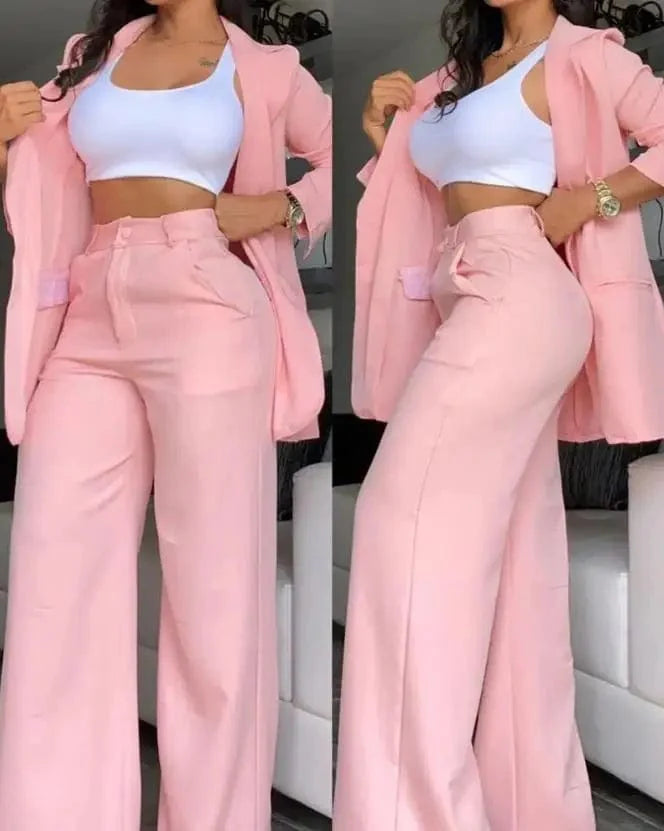 Elegant women's blazer and button pants set by SHOWLU FASHION STORE featuring a notched collar, long sleeves, and stylish design.