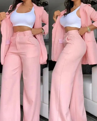 CHAXIAOA Women's Elegant Notched Collar Blazer and Button Pants Set