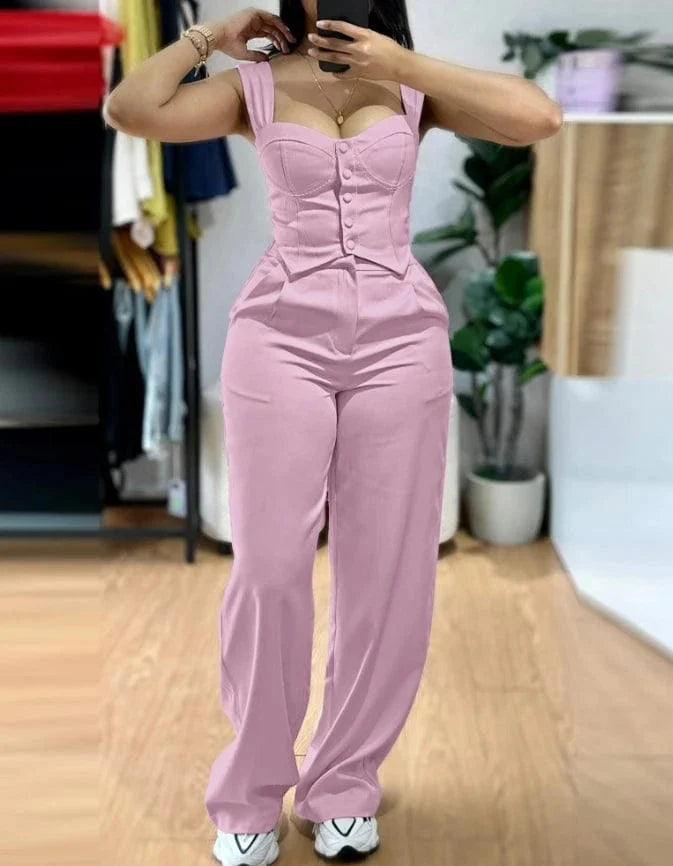 Elegant women's blazer and button pants set with notched collar, long sleeves, and coat pocket details from SHOWLU FASHION STORE.