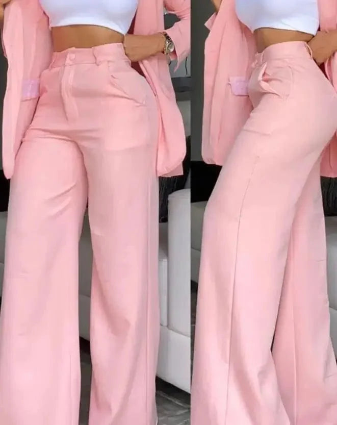 Elegant women's blazer and pants set with notched collar, long sleeves, and button details, perfect for spring and summer fashion.