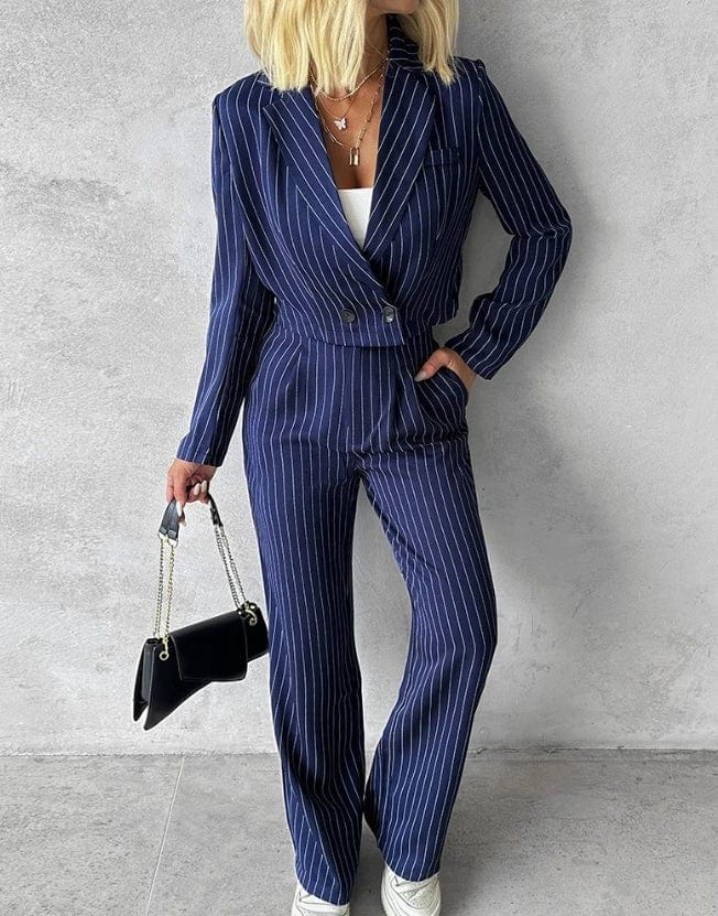 Elegant women's blazer and button pants set with notched collar, long sleeves, and coat pocket design, perfect for spring and summer.