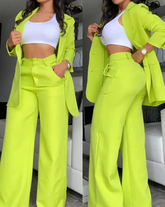 Elegant women's blazer and pants set by SHOWLU FASHION with notched collar, long sleeves, and stylish button details for spring.