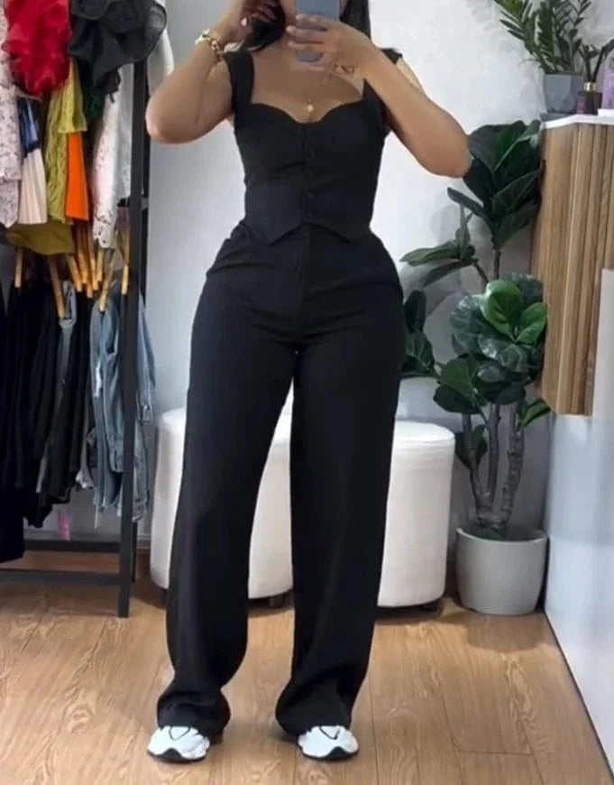 Women's elegant blazer and button pants set with notched collar, long sleeves, and coat pocket design, stylish urban fashion.