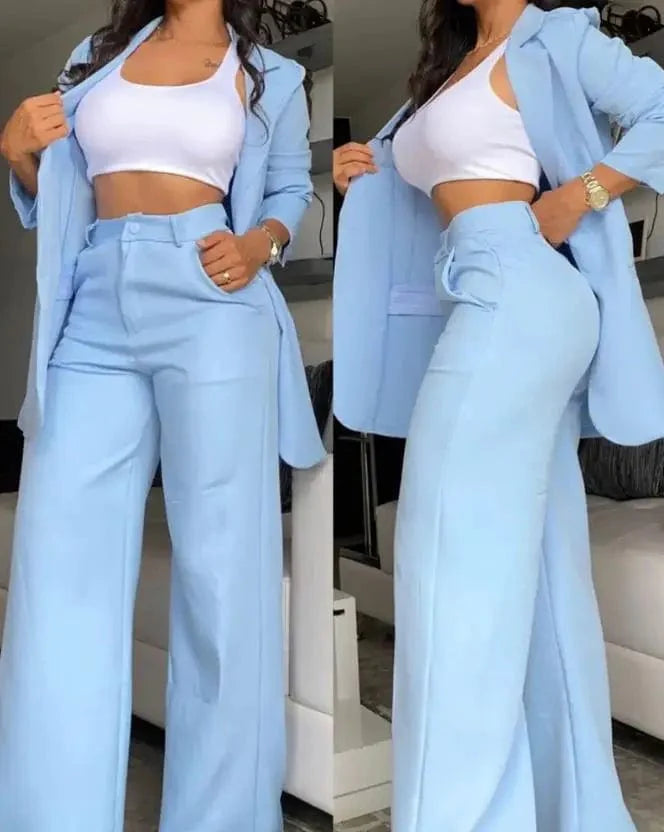 Elegant women's blazer and button pants set featuring a notched collar, long sleeves, and urban style for spring and summer fashion.