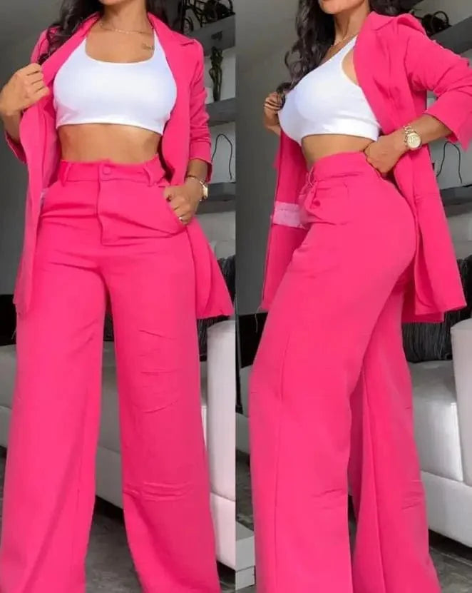 Elegant women's blazer and button pants set by SHOWLU FASHION STORE, featuring a notched collar, long sleeves, and stylish design.