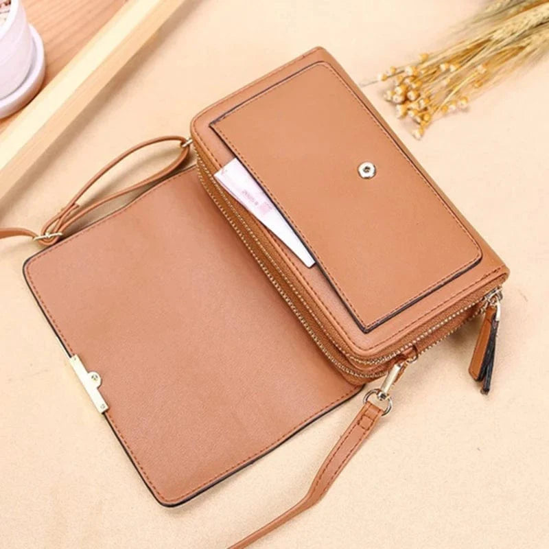Showlu women's PU leather wallet and handbag with large capacity, multi-card slots, casual shoulder style, and mobile phone pocket.