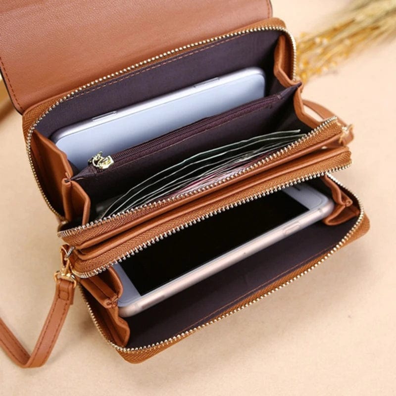 Showlu women's PU leather wallet with large capacity, multi-card slots, casual shoulder bag, suitable for holding phone and essentials.