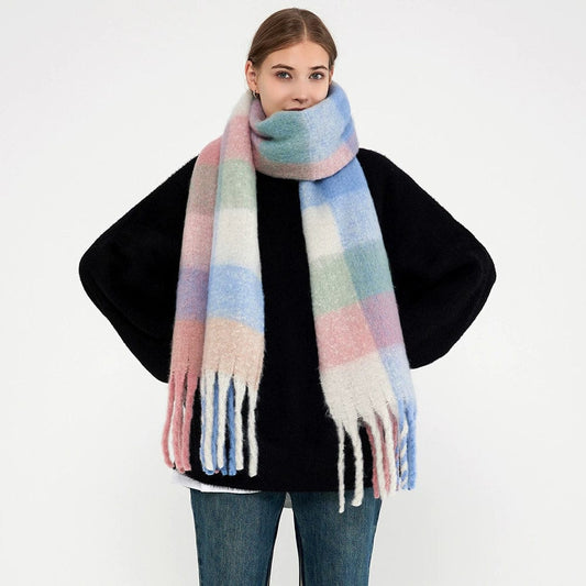 Women's Wool Warm Winter Plaid Tassel Rainbow Scarf - SHOWLU FASHION STORE