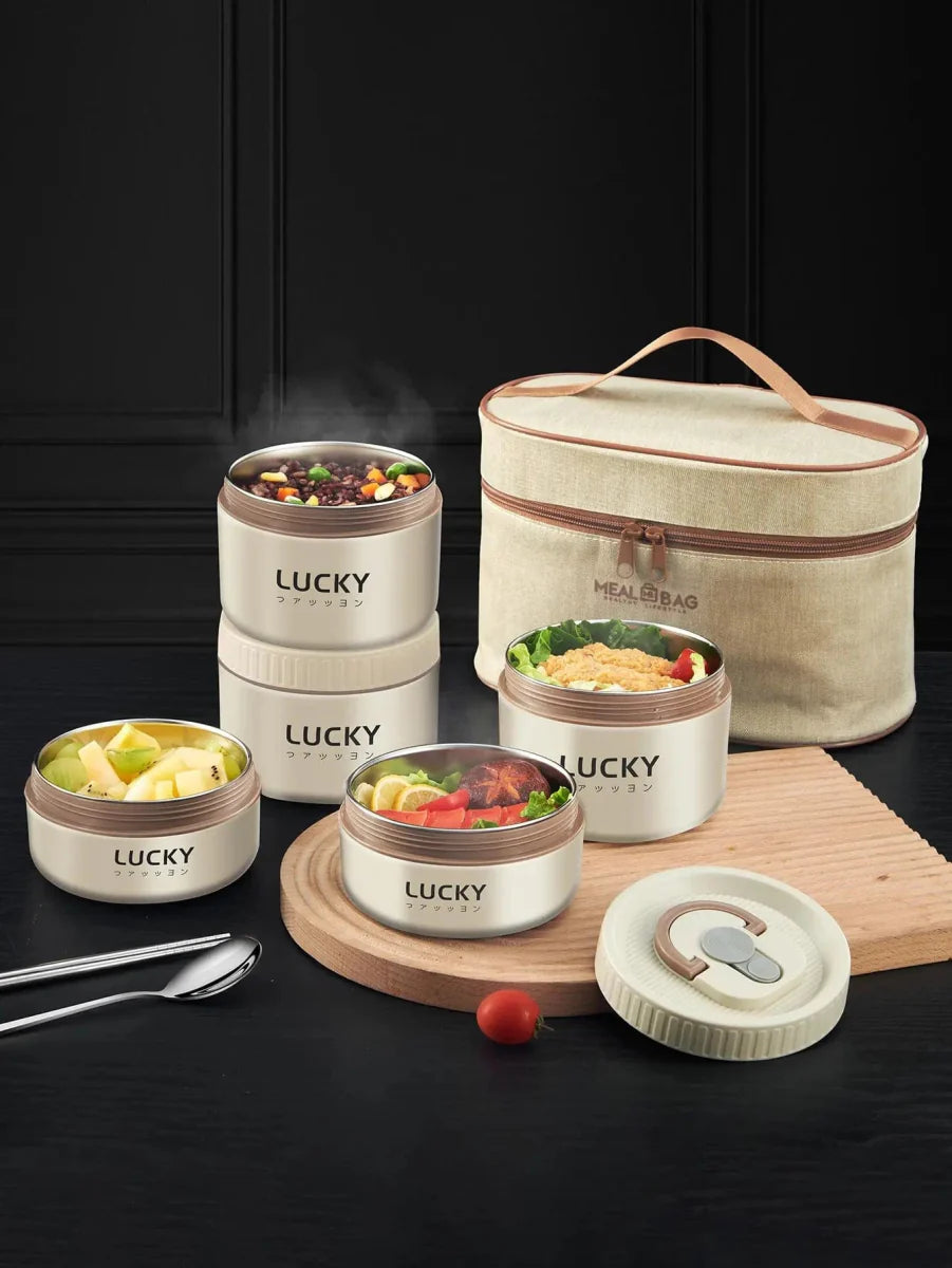 Insulated WORTHBUY Bento Lunch Box by Showlu Fashion Store, stainless steel food container with tableware, microwave-safe, portable and stackable.