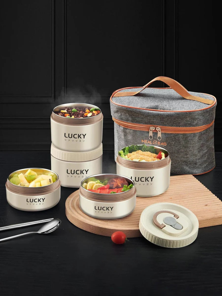 Worthbuy insulated bento lunch box with stainless steel food container, microwave-safe, portable, stackable, and includes tableware.
