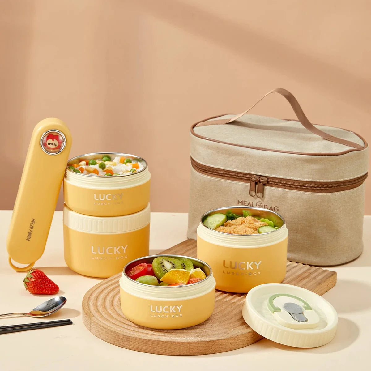 Stackable WORTHBUY 304 stainless steel thermal lunch box for kids, insulated bento box with microwave-safe design and leak-proof lid.