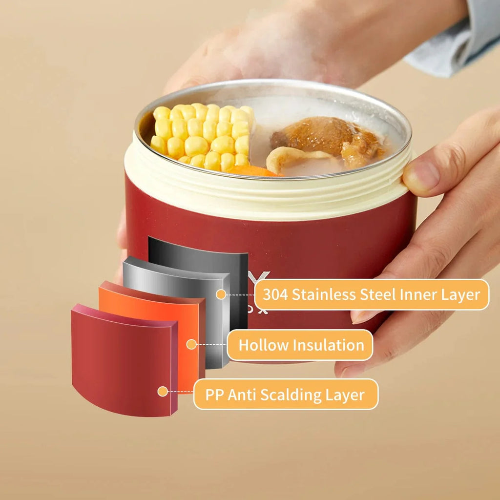 WORTHBUY 304 stainless steel insulated bento box with leak-proof lid, portable thermal food container for lunch and soup.