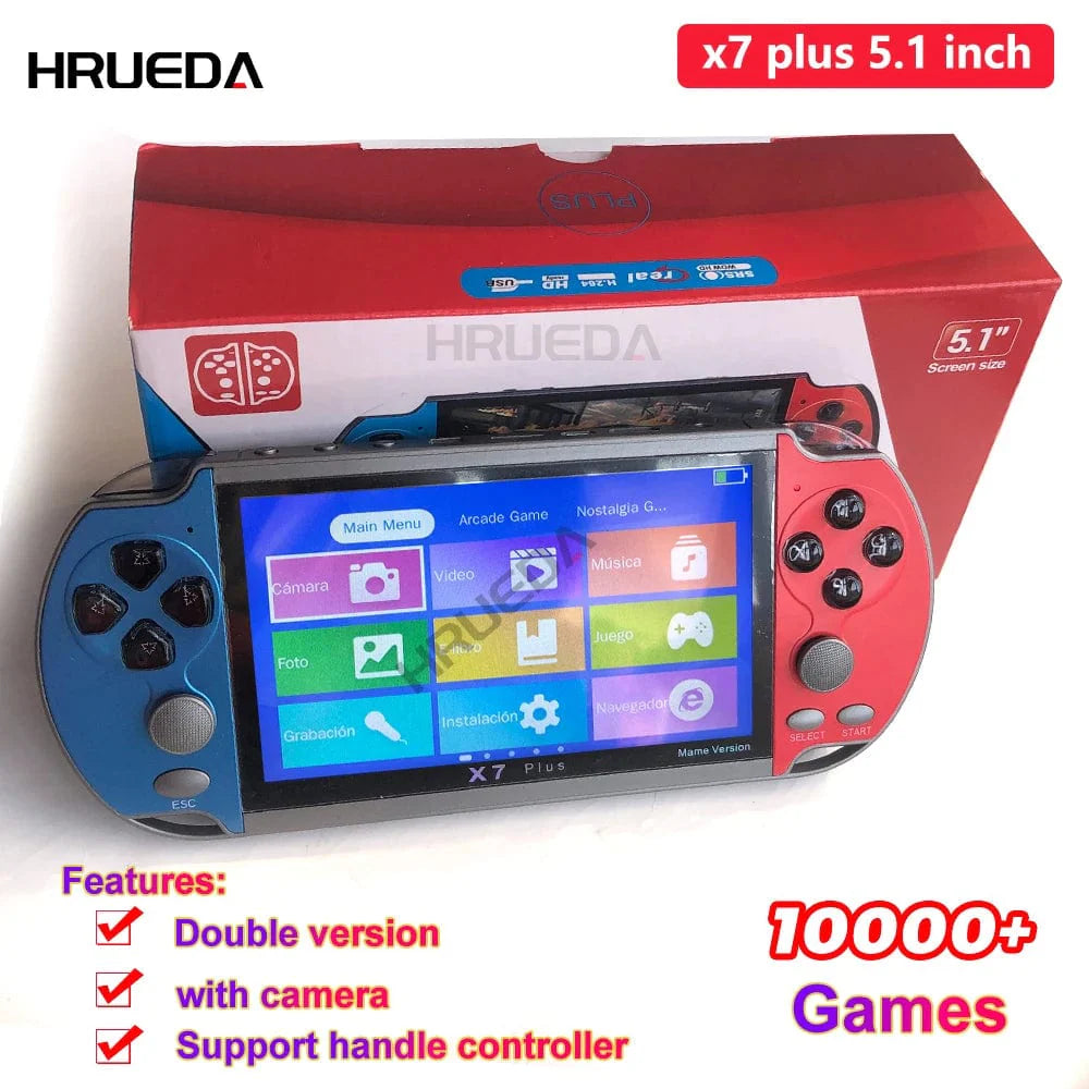 Showlu X7 Plus handheld game console with 5.1-inch HD screen, portable design, featuring 10,000+ games and video playback.