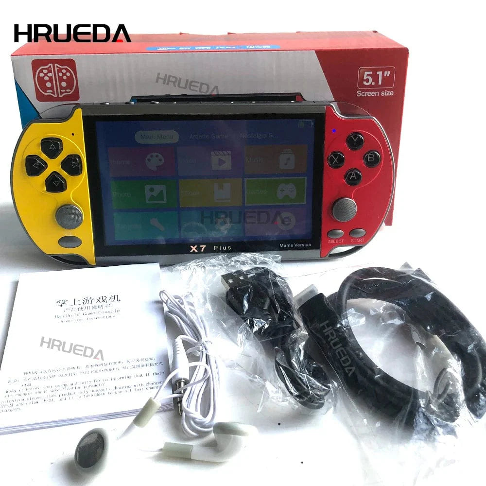 X7 Plus 5.1-inch handheld game console with HD screen, portable design, and 10,000+ games including video and audio playback.