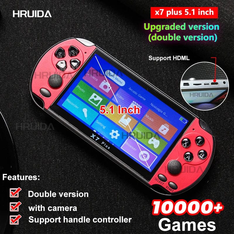 X7 Plus 5.1-inch handheld game console with HD screen, portable design, and 10,000+ games for gaming and video playback