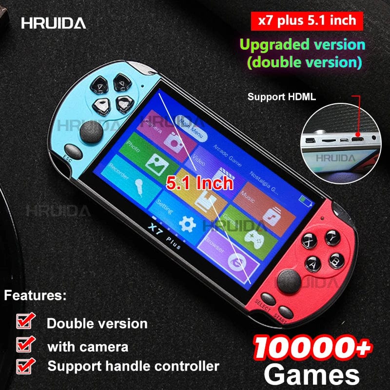 Showlu X7 Plus handheld game console with 5.1-inch HD screen, portable video and audio player, and access to 10,000+ games.