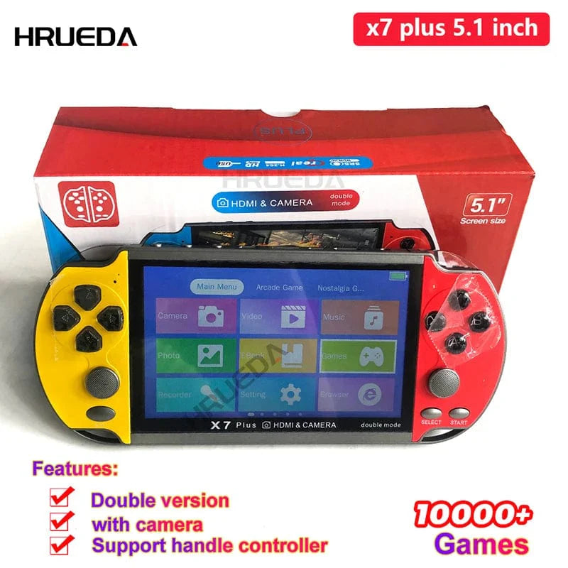 X7 Plus 5.1-inch handheld game console with HD screen, portable video and audio player, featuring 10,000+ preloaded games