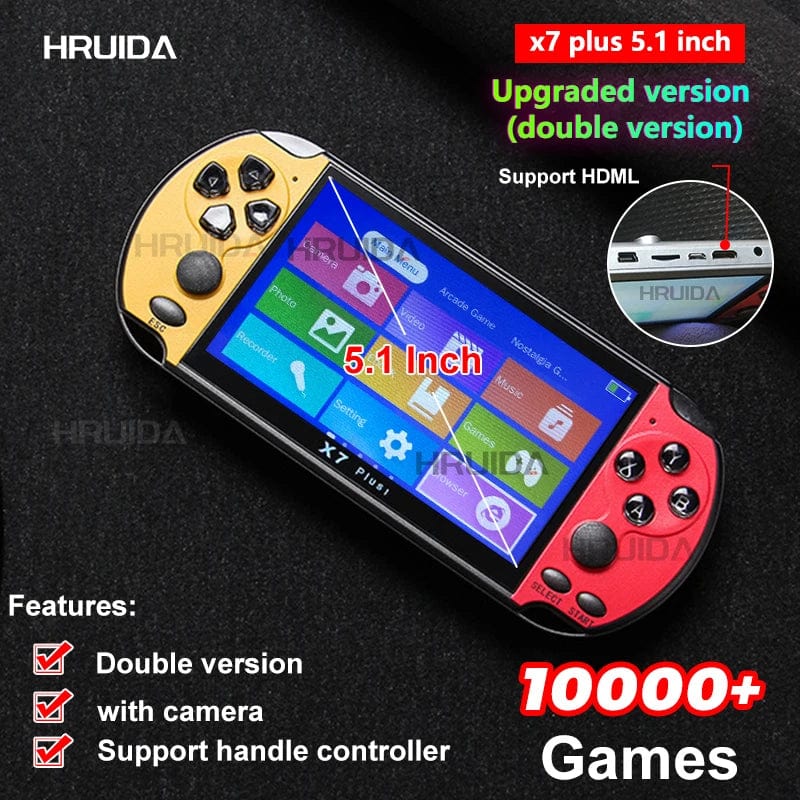 X7 Plus 5.1-inch handheld game console with HD screen, portable video and audio player, and access to 10,000+ games