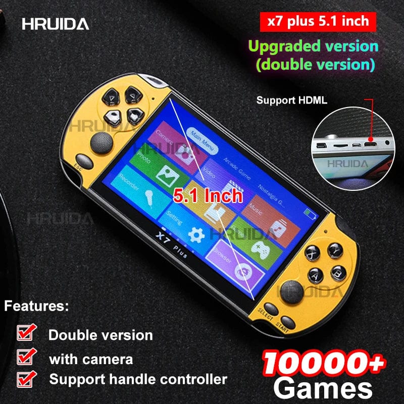 Showlu X7 Plus handheld game console with 5.1-inch HD screen, portable design, and built-in 10,000+ games for gaming and video.