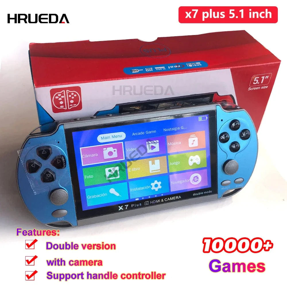 X7 Plus 5.1-inch handheld game console with HD screen and portable media player, featuring over 10,000 games.