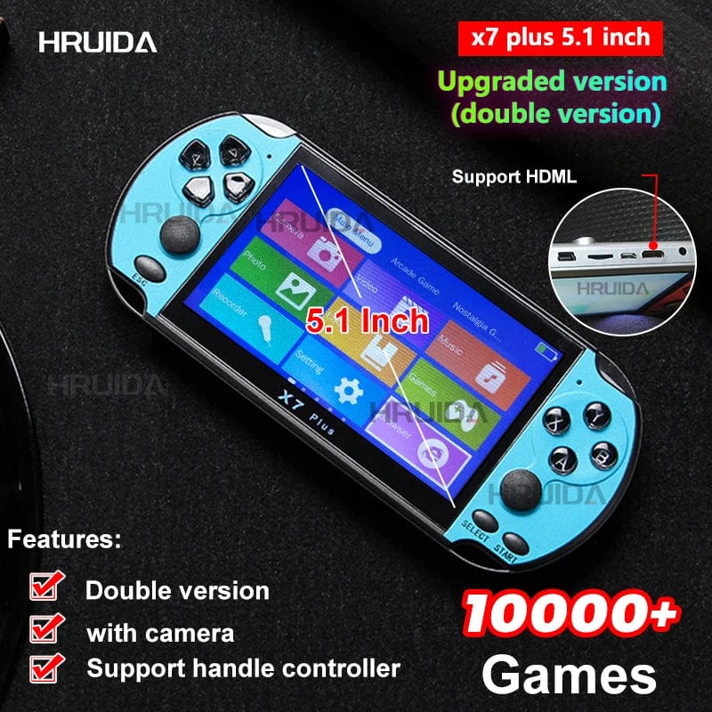 X7 Plus 5.1-inch handheld game console with HD screen, portable design, and 10,000+ games for gaming and media playback