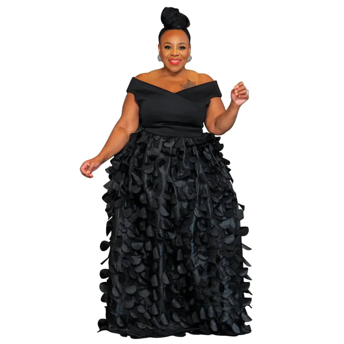 Plus size women's elegant maxi dress by SHOWLU FASHION, bohemian autumn A-line dress with short sleeves and off-shoulder style.