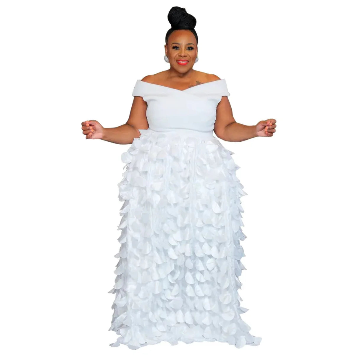 Plus size women's elegant maxi dress by SHOWLU FASHION, bohemian autumn A-line robe with short sleeves and off-shoulder design.