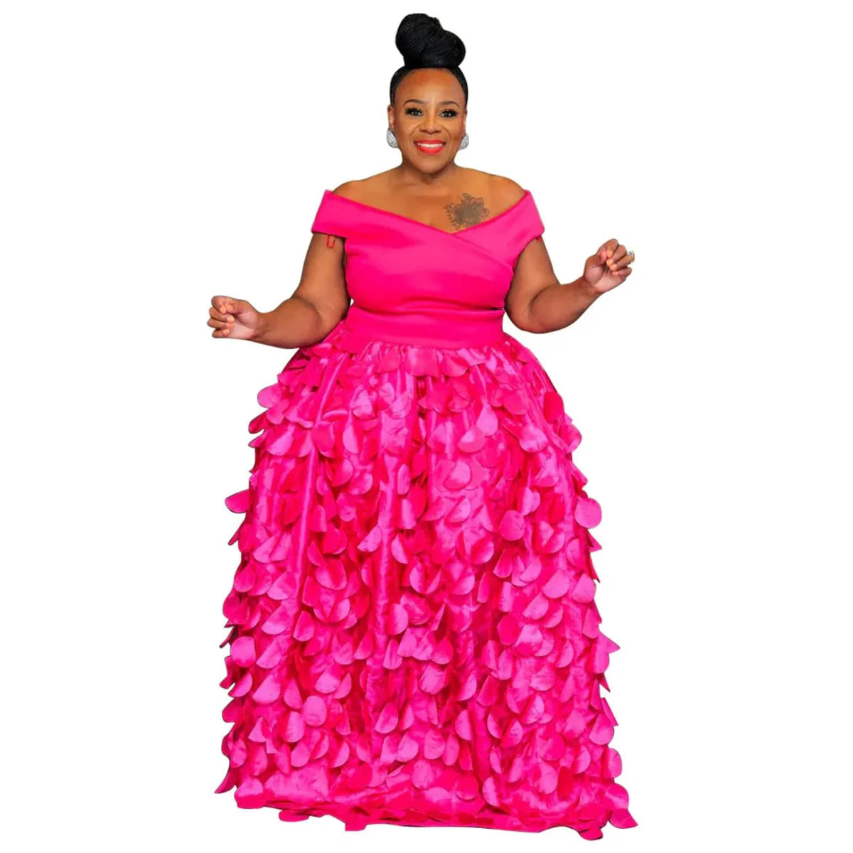Plus size women's elegant maxi dress by SHOWLU FASHION, bohemian A-line autumn dress with short sleeves and off-shoulder style.