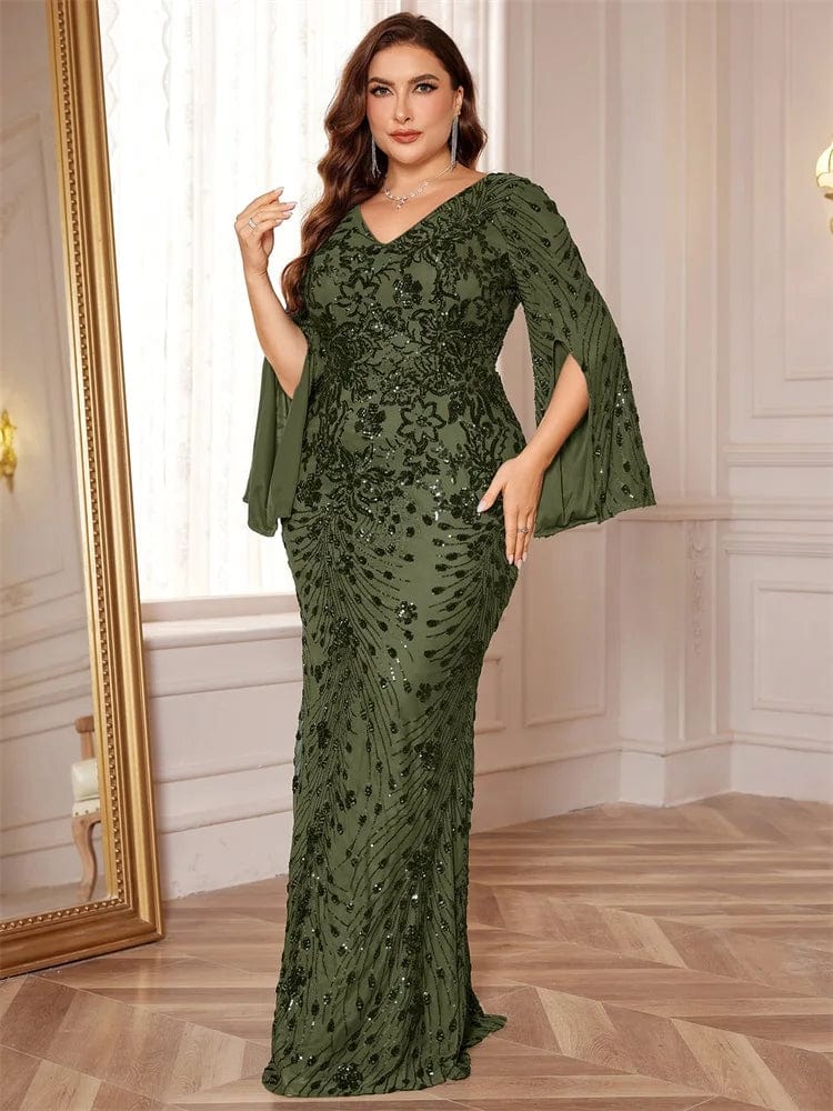 Green sequin mermaid evening dress by Lucy in Love with long sleeves, formal gown, perfect for prom, wedding, or party events.