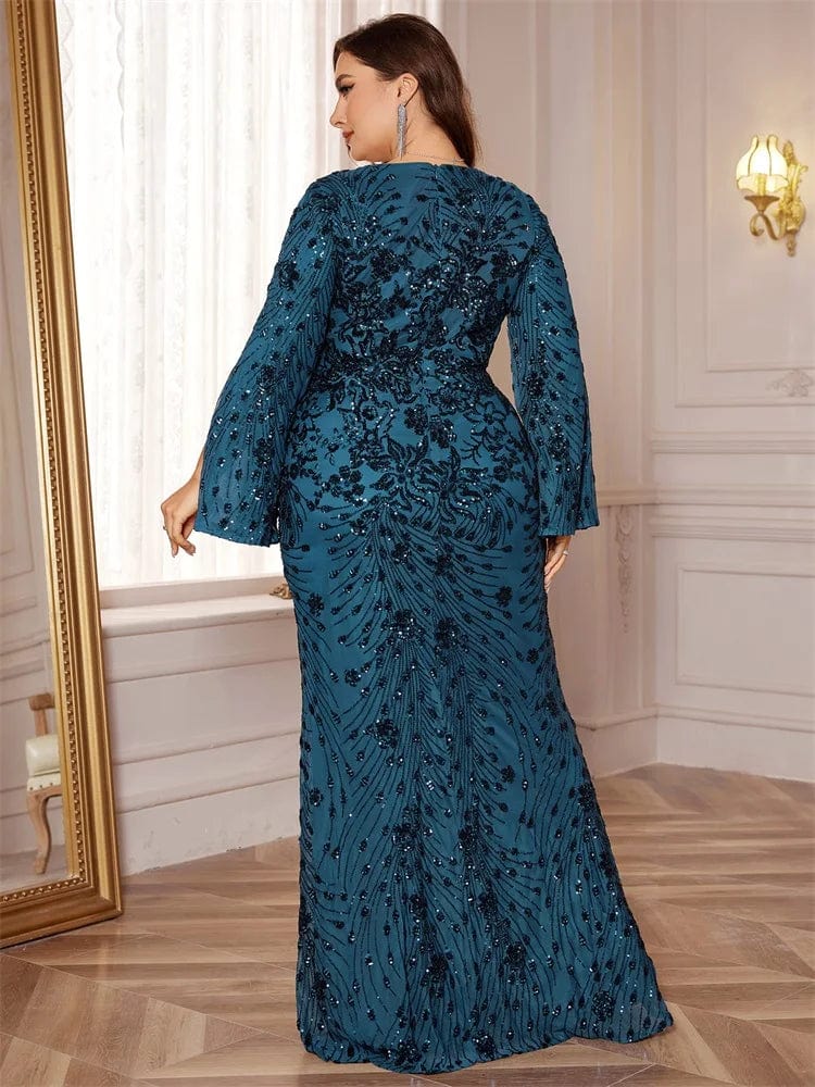 Green sequin mermaid evening dress by Lucy in Love with long sleeves, formal gown perfect for prom, wedding, or cocktail events.