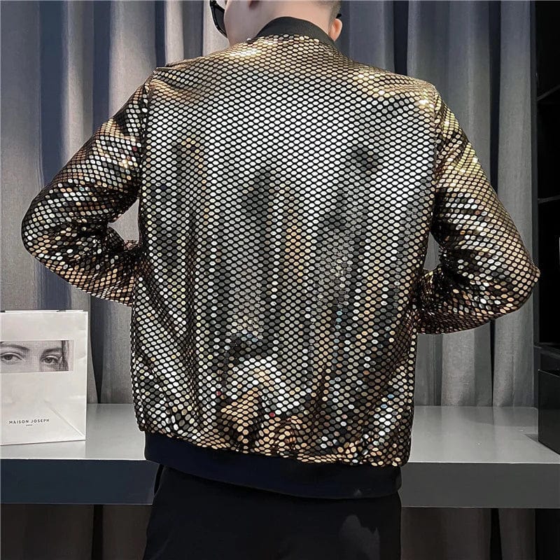 Men's Y2K sequined bomber jacket, trendy streetwear style with a slim fit, suitable for night club and hip hop fashion.