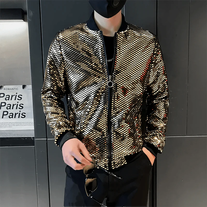 Men's Y2K sequined bomber jacket by SHOWLU FASHION STORE, featuring a slim fit, streetwear style, perfect for night club or stage wear.