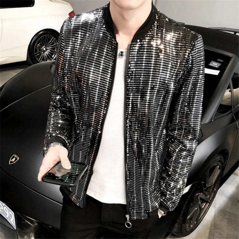Men's Y2K sequined bomber jacket from FANWEILIN, featuring a sleek style suitable for streetwear and night club fashion.