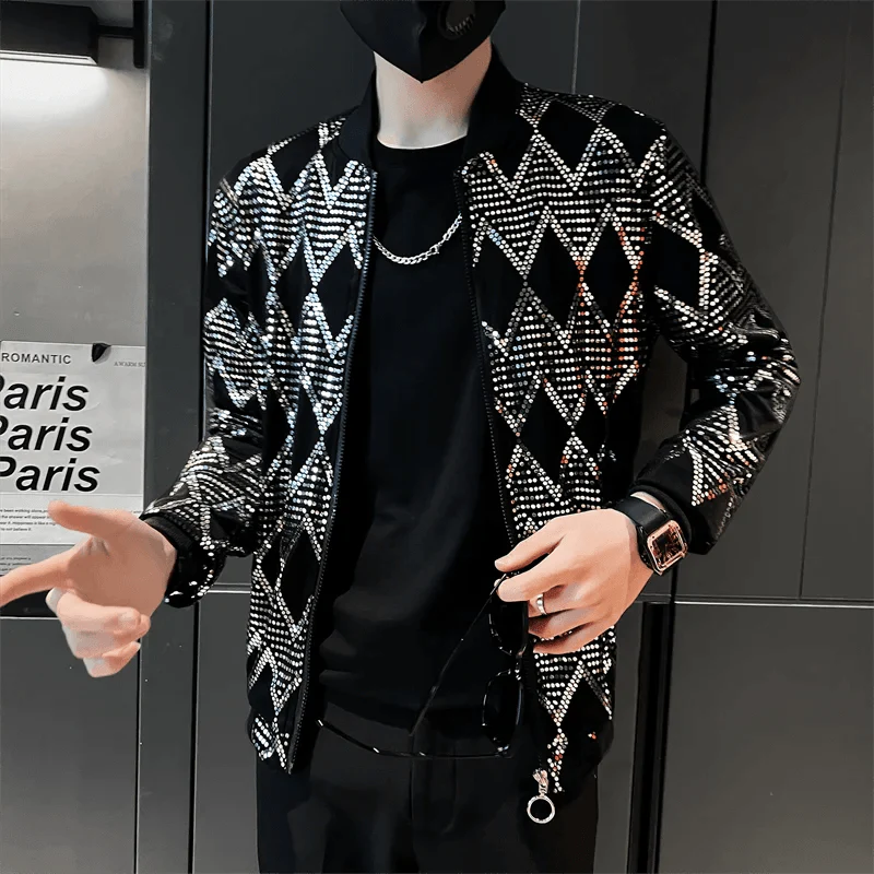 Men's Y2K sequined bomber jacket with motorcycle style, slim fit, streetwear design, perfect for hip-hop and night club fashion.