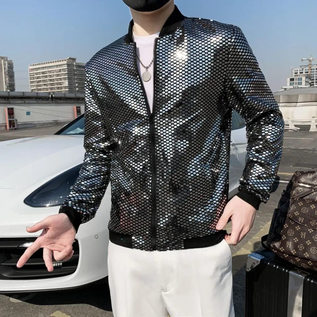 Men's Y2K sequined bomber jacket by SHOWLU FASHION STORE, featuring a slim fit, hip hop style, ideal for streetwear and night club fashion.