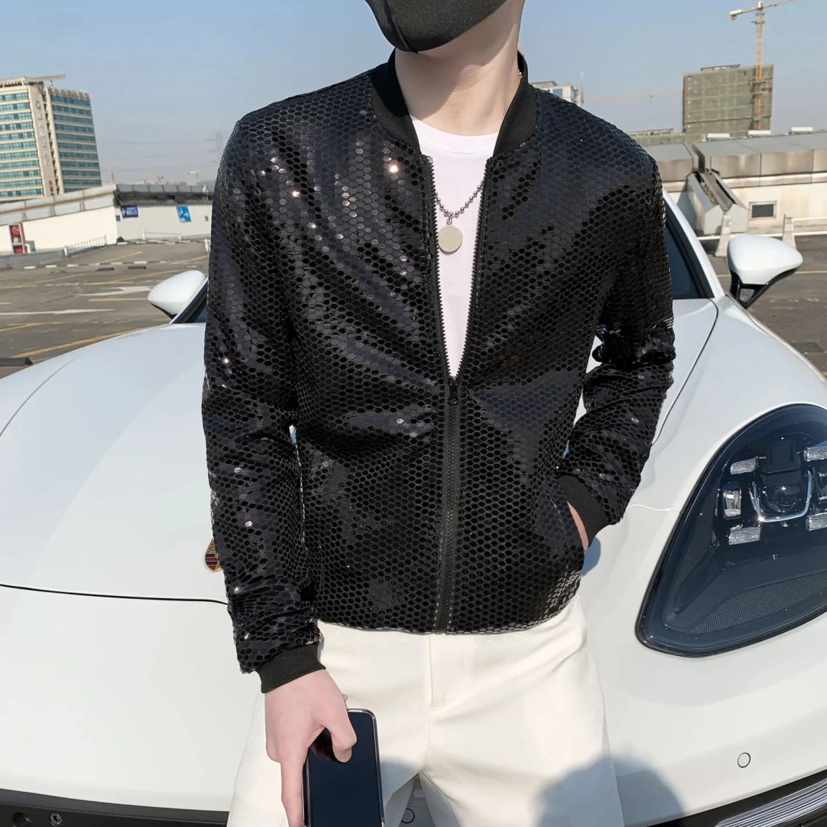 Men's Y2K sequined bomber jacket from SHOWLU FASHION STORE, featuring a slim fit, streetwear style, perfect for night club or hip-hop fashion.