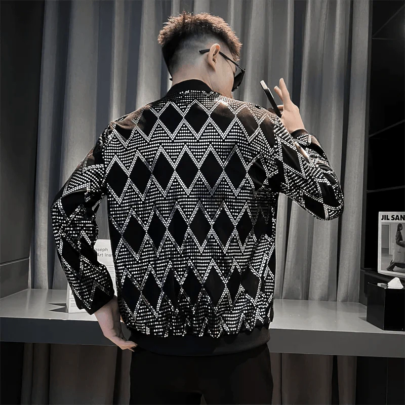 Men's Y2K sequined bomber jacket from FANWEILIN, featuring a slim fit, streetwear style, perfect for night club or stage fashion.