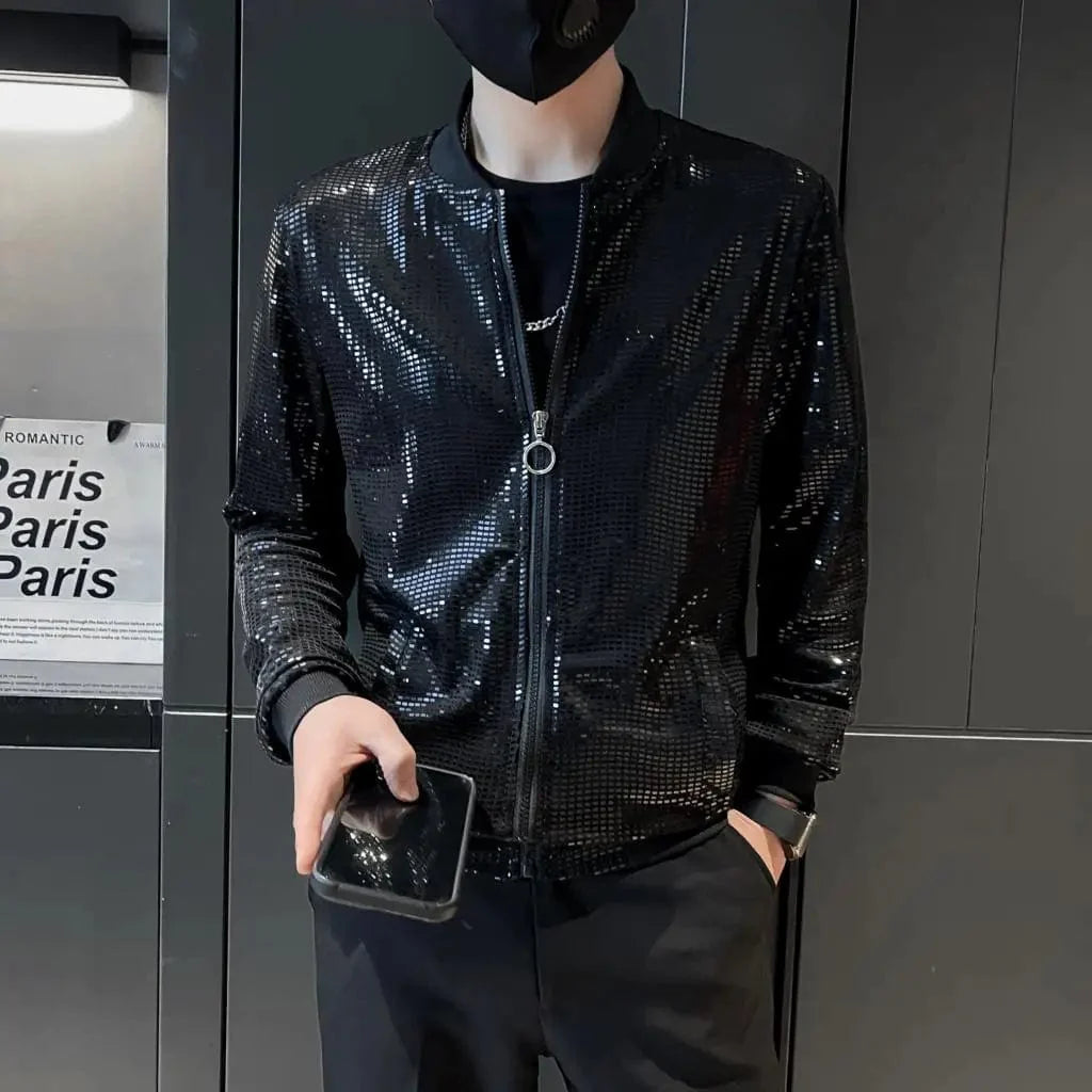 Men's Y2K sequined bomber jacket by FANWEILIN, featuring a slim fit design, perfect for hip hop streetwear and nightlife fashion.