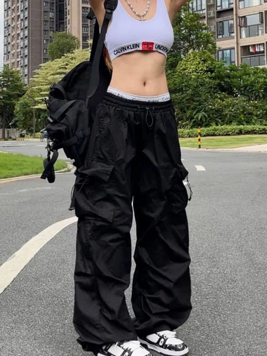 Y2K Parachute Black Pants Women Hippie Streetwear Oversize Pockets Cargo Trousers Harajuku Wide Leg Baggy Sweatpants - SHOWLU FASHION STORE