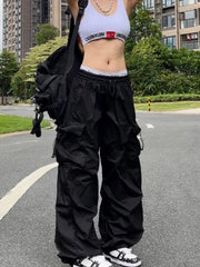 Y2K Parachute Black Pants Women Hippie Streetwear Oversize Pockets Cargo Trousers Harajuku Wide Leg Baggy Sweatpants - SHOWLU FASHION STORE