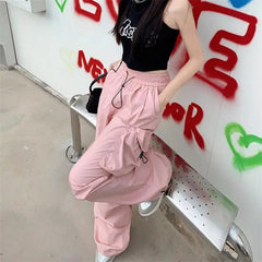 Y2K Parachute Black Pants Women Hippie Streetwear Oversize Pockets Cargo Trousers Harajuku Wide Leg Baggy Sweatpants - SHOWLU FASHION STORE