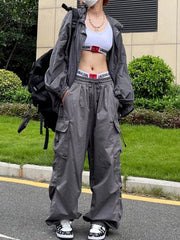 Y2K Parachute Black Pants Women Hippie Streetwear Oversize Pockets Cargo Trousers Harajuku Wide Leg Baggy Sweatpants - SHOWLU FASHION STORE