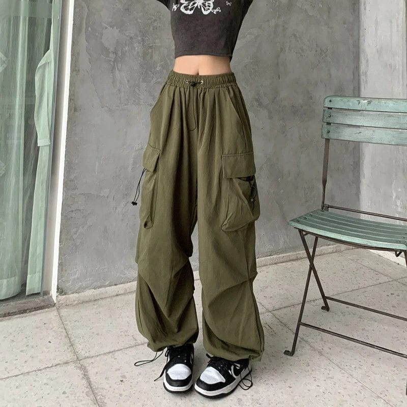 Y2K Parachute Black Pants Women Hippie Streetwear Oversize Pockets Cargo Trousers Harajuku Wide Leg Baggy Sweatpants - SHOWLU FASHION STORE