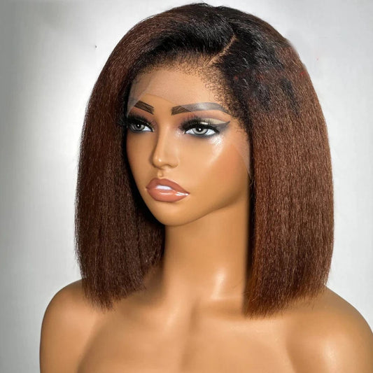 Yaki Preplucked Long Ombre Brown 180%Density Short Bob Kinky Straight Lace Front Wig BabyHair Synthetic Heat Resistant Daily - SHOWLU FASHION STORE