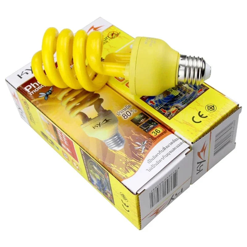 Yellow E27 36W energy-saving mosquito lamp with semi-spiral design, UV resistant, ideal for plant growth and insect repellent.