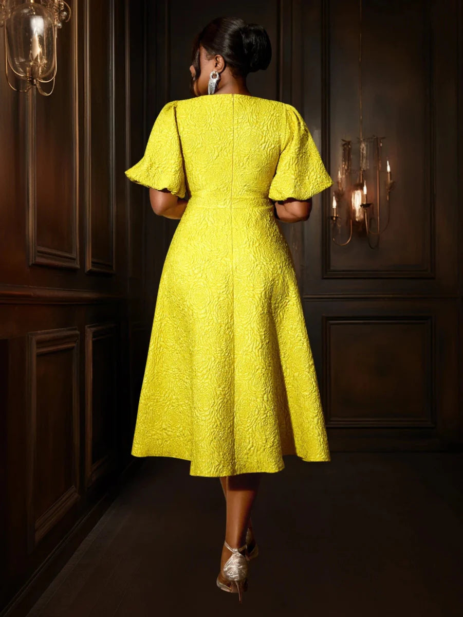 Yellow AOMEI Jacquard Midi Dress by SHOWLU FASHION STORE featuring 3D flower details, puff sleeves, high waist, and elegant A-line silhouette.