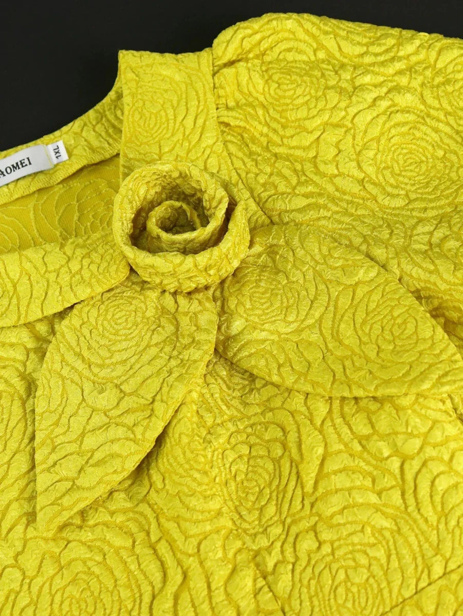 Yellow jacquard midi dress by AOMEI with 3D floral design, puff sleeves, high waist, A-line silhouette, perfect for casual or evening wear.