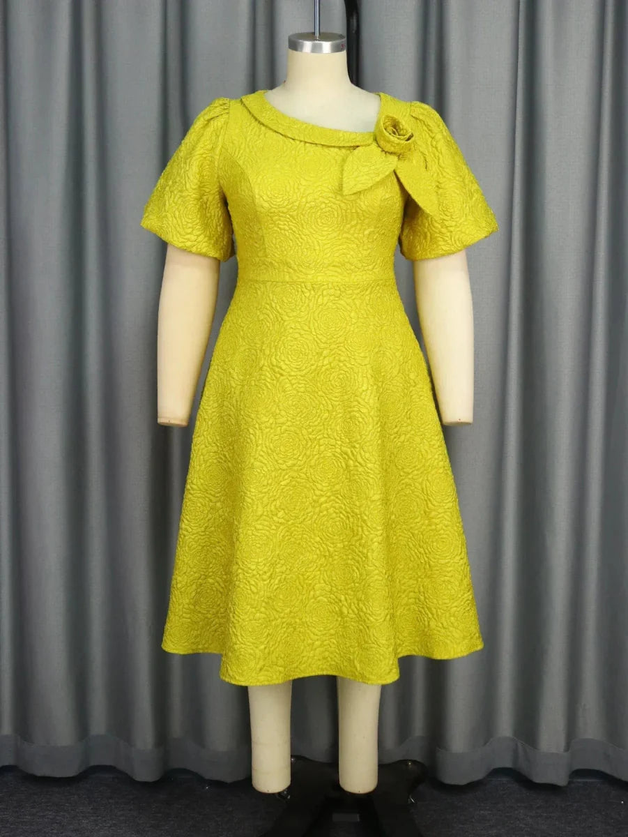 Yellow AOMEI Jacquard Midi Dress with 3D floral puff sleeves, high waist, and elegant A-line silhouette for ladies.