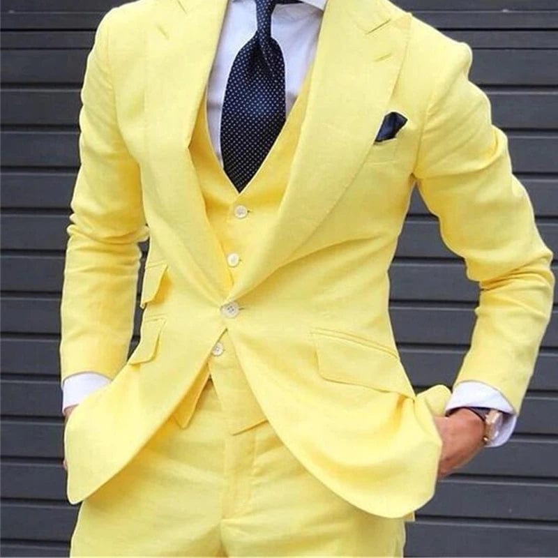 Yellow Slim Fit Prom Suits for Men 3 Piece Set Jacket with Pants Vest Latest Coat Casual Design Male Fashion Smoking Clothes - SHOWLU FASHION STORE