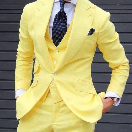 Yellow Slim Fit Prom Suits for Men 3 Piece Set Jacket with Pants Vest Latest Coat Casual Design Male Fashion Smoking Clothes - SHOWLU FASHION STORE